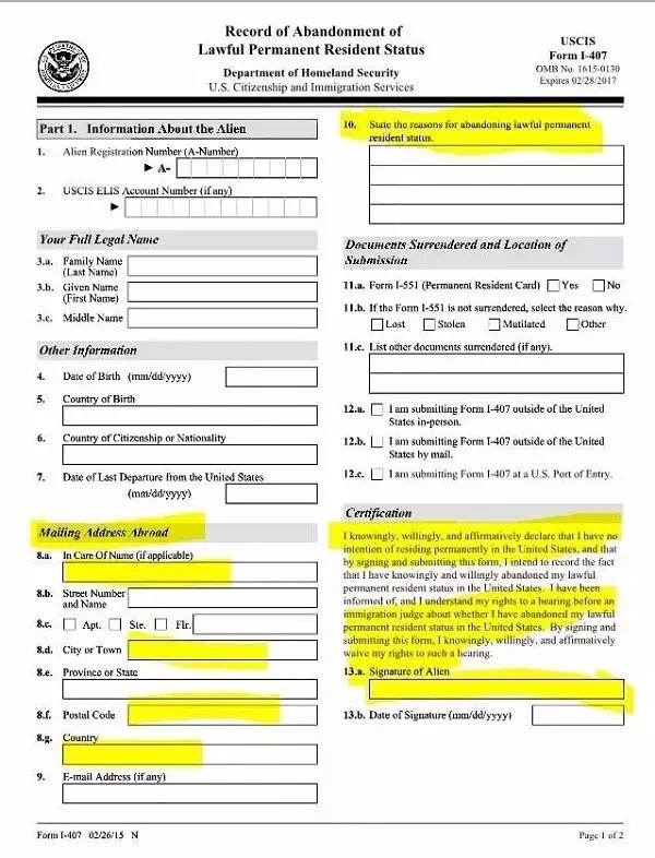 I407自愿放棄綠卡表格 I407自愿放棄綠卡表格