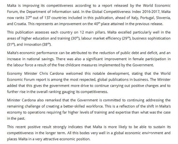 《2017-2018年全球競爭力報告》:馬耳他排名上升三個名次 《2017-2018年全球競爭力報告》:馬耳他排名上升三個名次